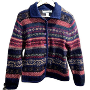 Crystal Kobe Vintage Aztec Cardigan Sweater 100% Wool Western Cowboy Rancher S